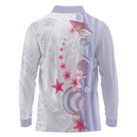 Purple Plumeria Sea Shell Long Sleeve Polo Shirt Starfish Polynesian Pattern - Polynesian Pride