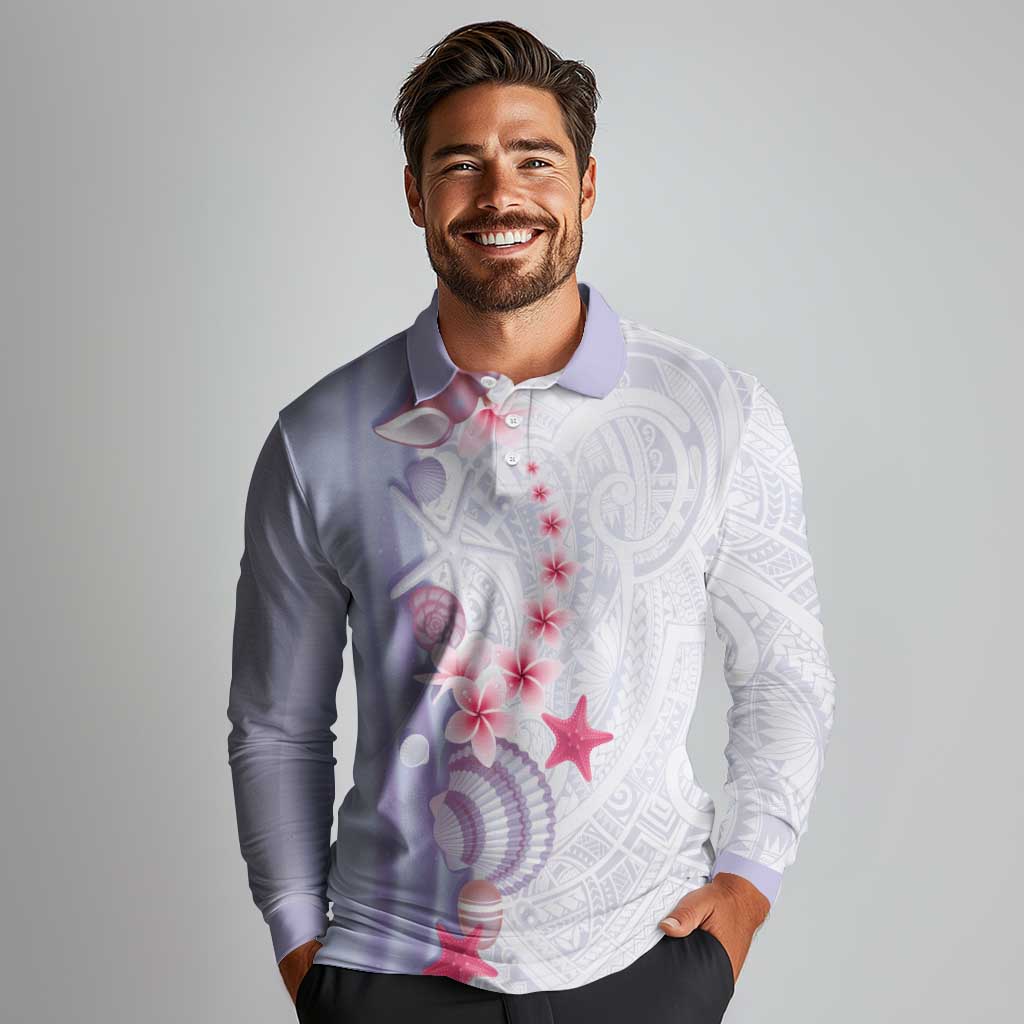 Purple Plumeria Sea Shell Long Sleeve Polo Shirt Starfish Polynesian Pattern - Polynesian Pride