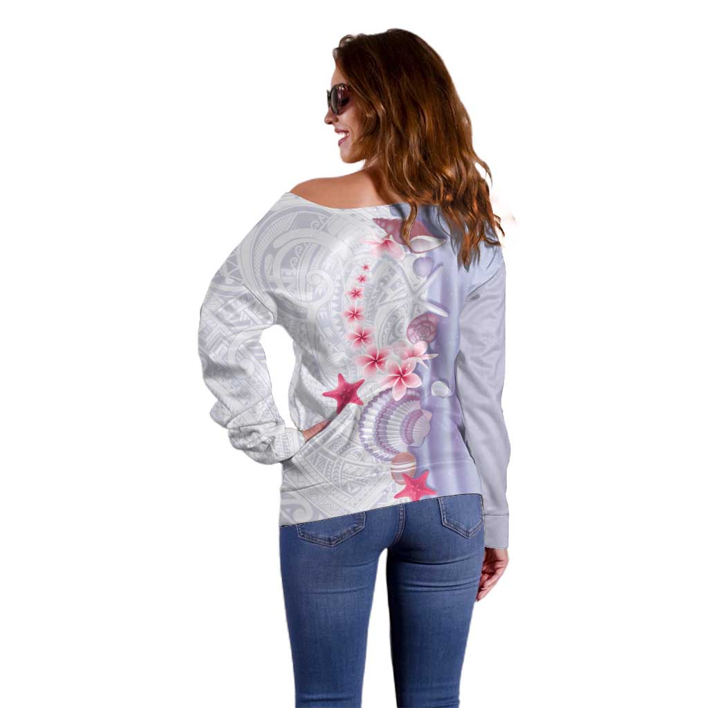 Purple Plumeria Sea Shell Off Shoulder Sweater Starfish Polynesian Pattern - Polynesian Pride