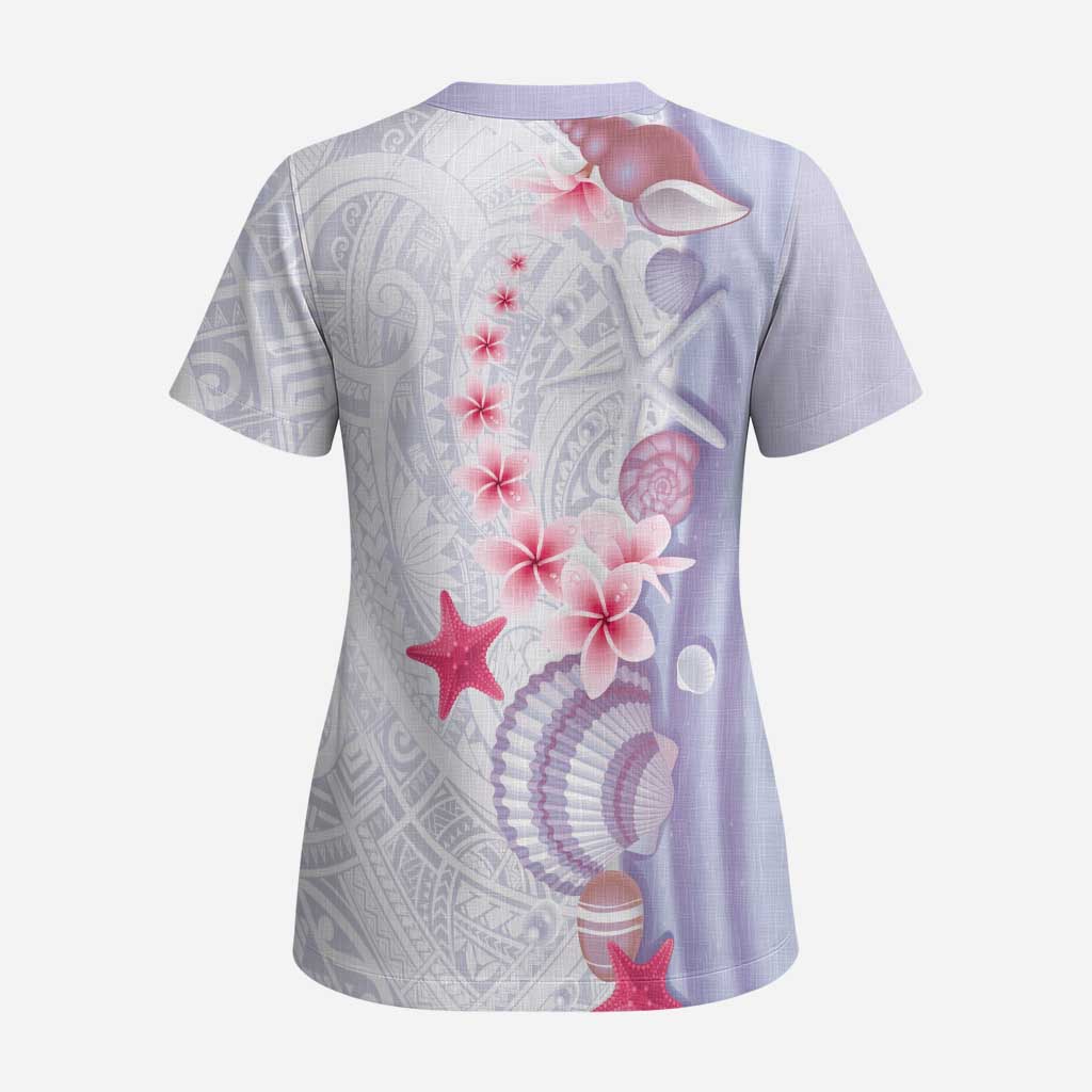 Purple Plumeria Sea Shell Scrub Top Starfish Polynesian Pattern - Polynesian Pride