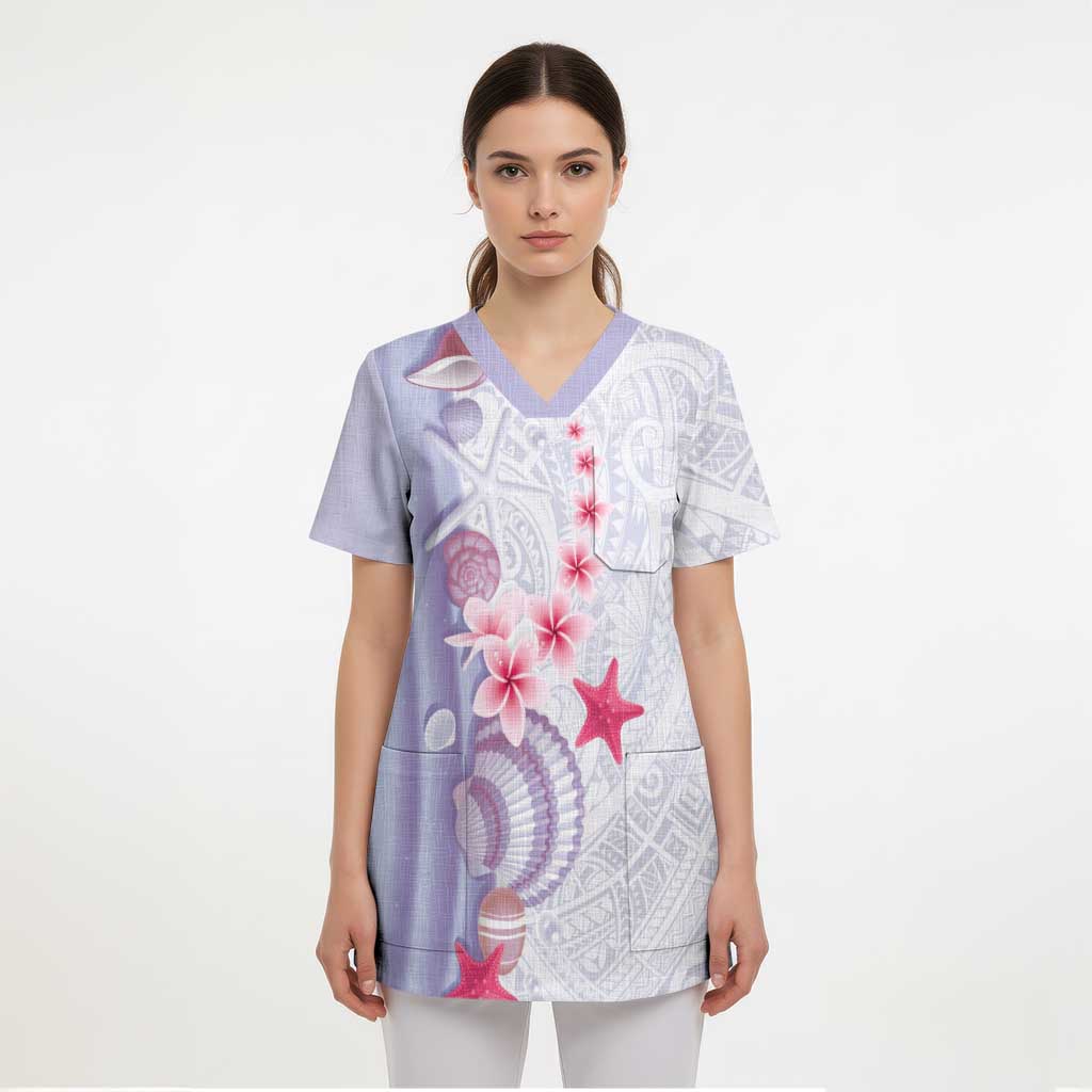 Purple Plumeria Sea Shell Scrub Top Starfish Polynesian Pattern - Polynesian Pride