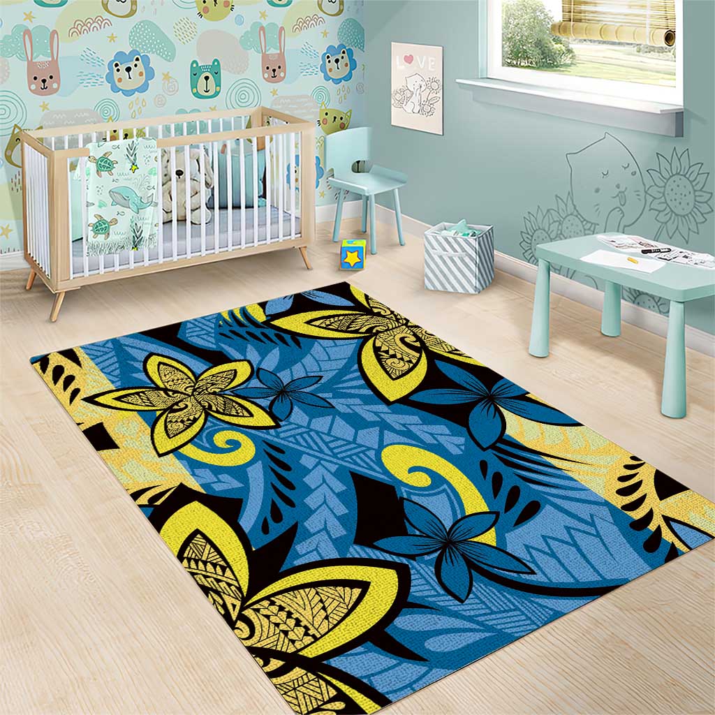 Plumeria Polynesian Pattern Area Rug Unique Fantasy Blue Yellow