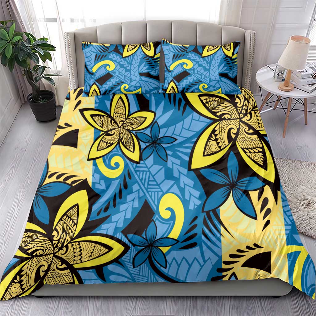 Plumeria Polynesian Pattern Bedding Set Unique Fantasy Blue Yellow