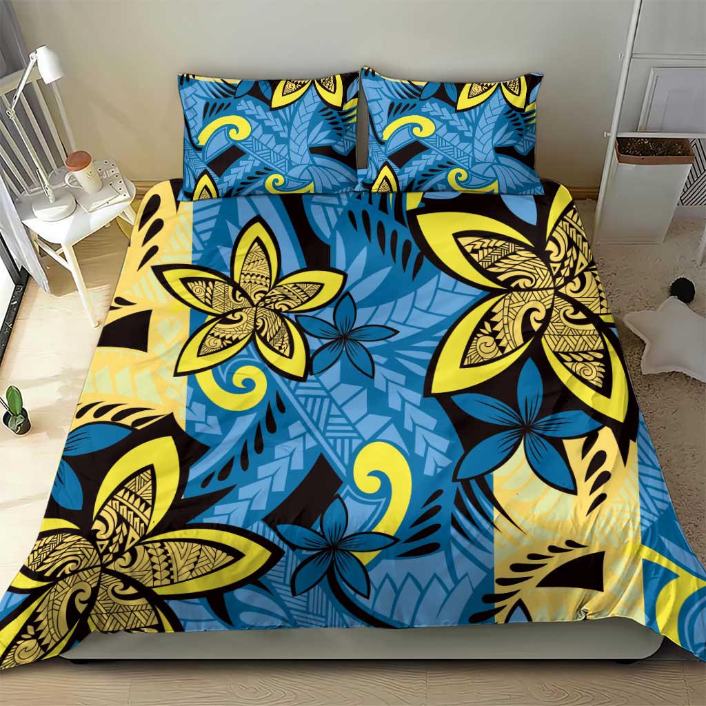 Plumeria Polynesian Pattern Bedding Set Unique Fantasy Blue Yellow