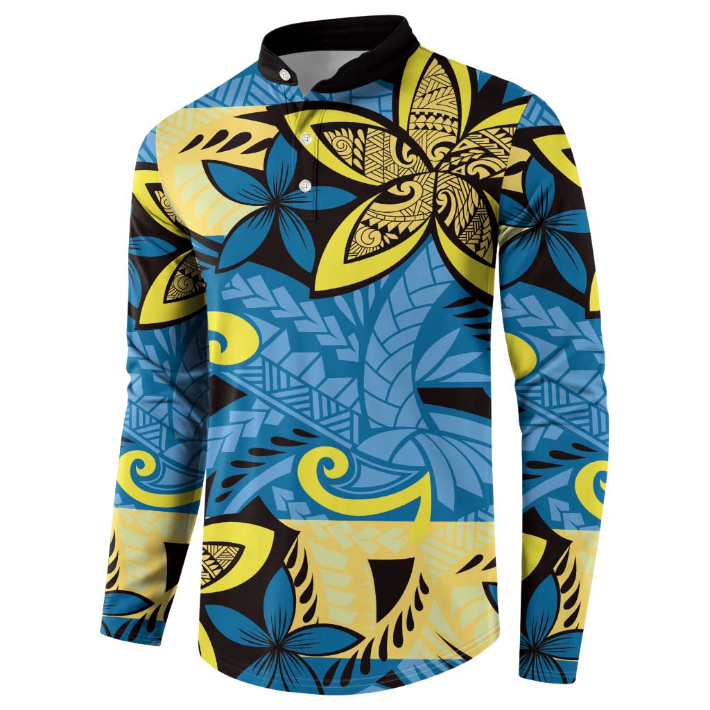 Plumeria Polynesian Pattern Button Sweatshirt Unique Fantasy Blue Yellow LT01 - Polynesian Pride
