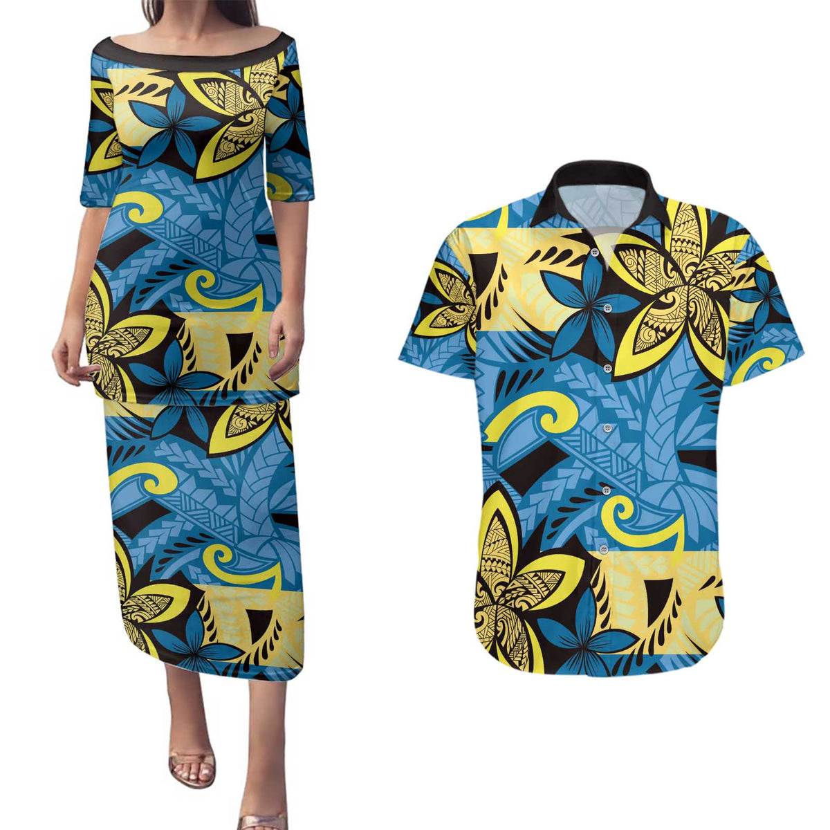 Plumeria Polynesian Pattern Couples Matching Puletasi and Hawaiian Shirt Unique Fantasy Blue Yellow