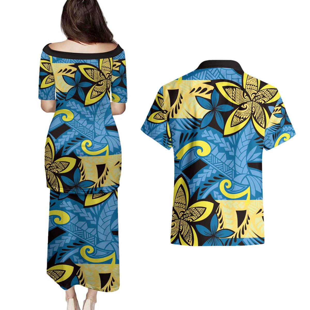 Plumeria Polynesian Pattern Couples Matching Puletasi and Hawaiian Shirt Unique Fantasy Blue Yellow
