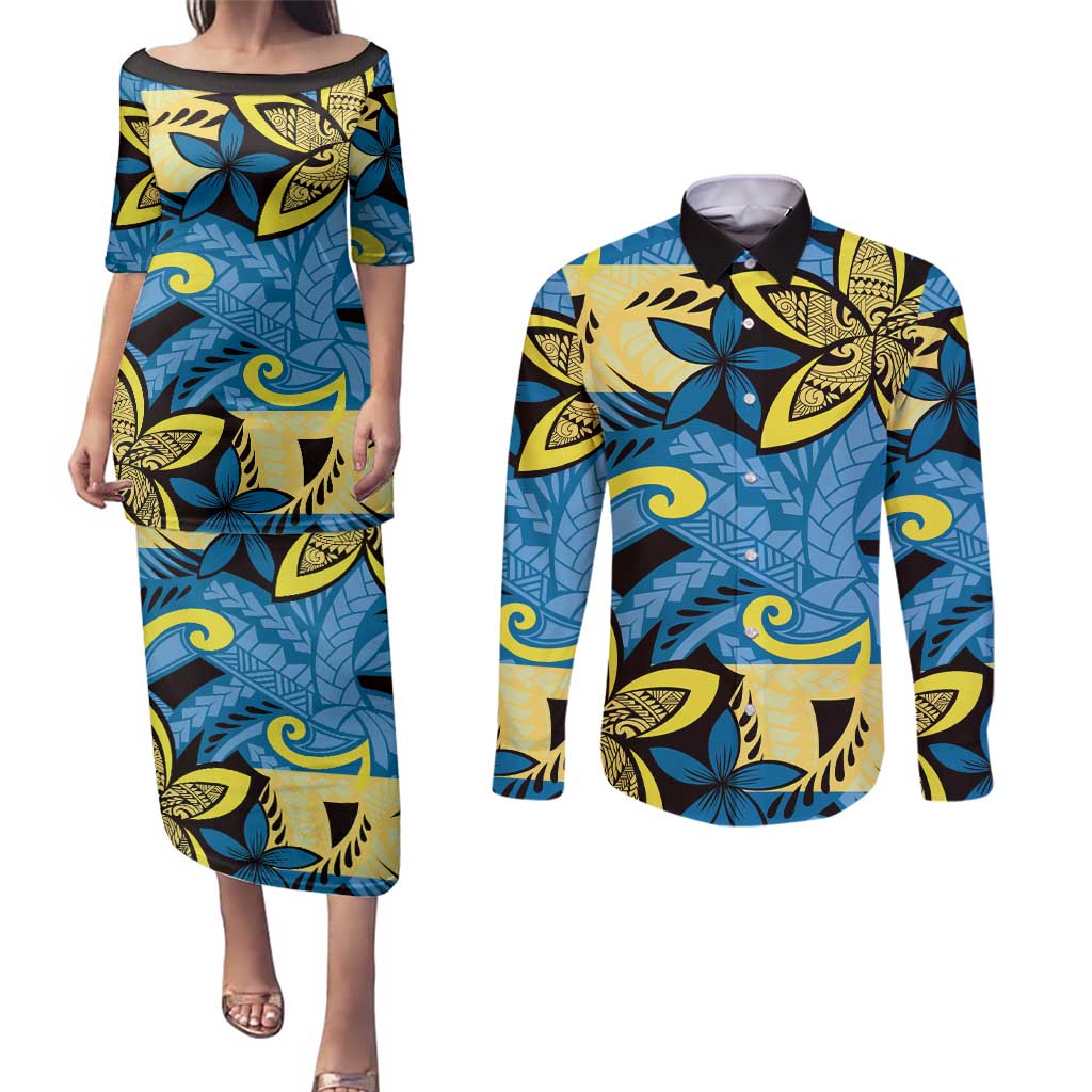 Plumeria Polynesian Pattern Couples Matching Puletasi and Long Sleeve Button Shirt Unique Fantasy Blue Yellow