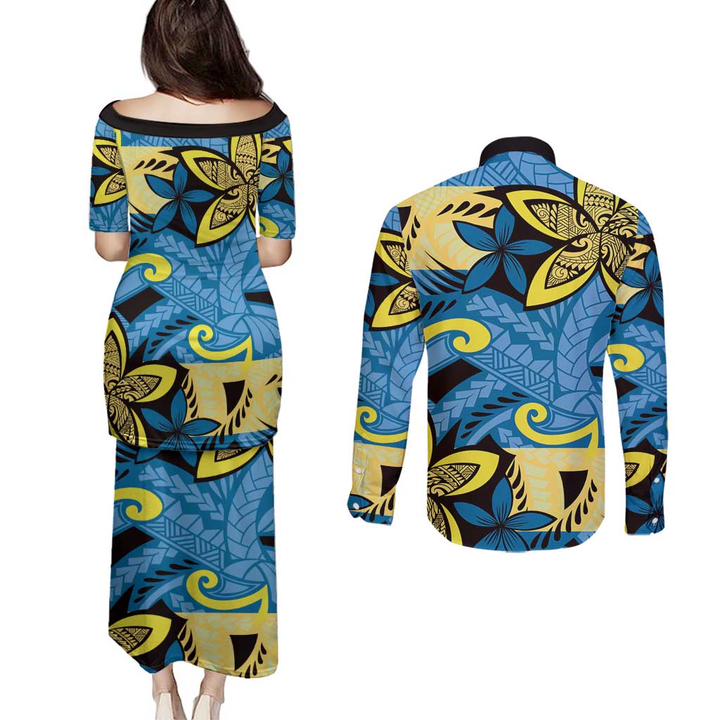 Plumeria Polynesian Pattern Couples Matching Puletasi and Long Sleeve Button Shirt Unique Fantasy Blue Yellow