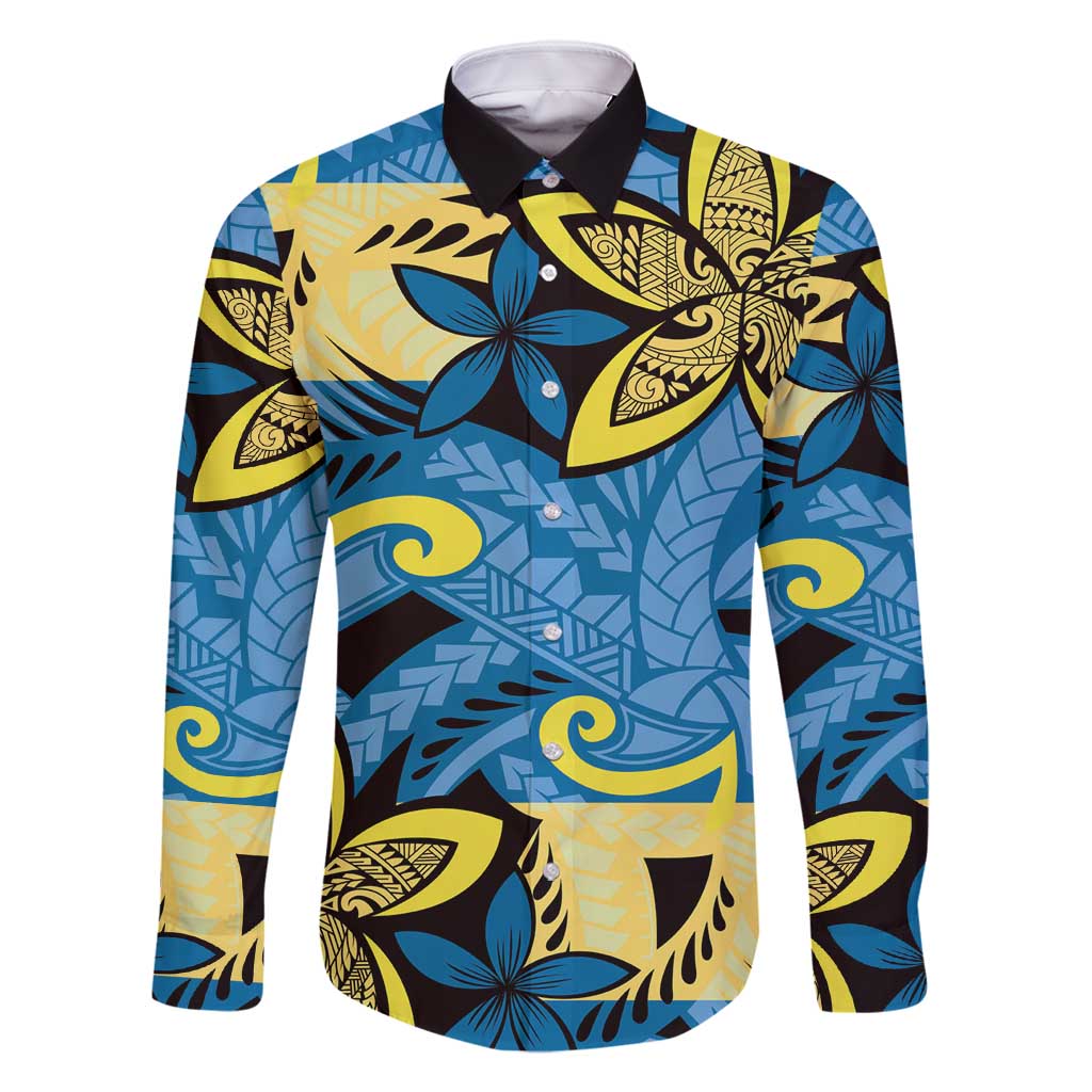 Plumeria Polynesian Pattern Family Matching Mermaid Dress and Hawaiian Shirt Unique Fantasy Blue Yellow LT01 Dad's Shirt - Long Sleeve Blue - Polynesian Pride