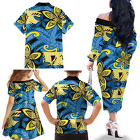 Plumeria Polynesian Pattern Family Matching Off The Shoulder Long Sleeve Dress and Hawaiian Shirt Unique Fantasy Blue Yellow