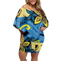 Plumeria Polynesian Pattern Family Matching Off Shoulder Short Dress and Hawaiian Shirt Unique Fantasy Blue Yellow