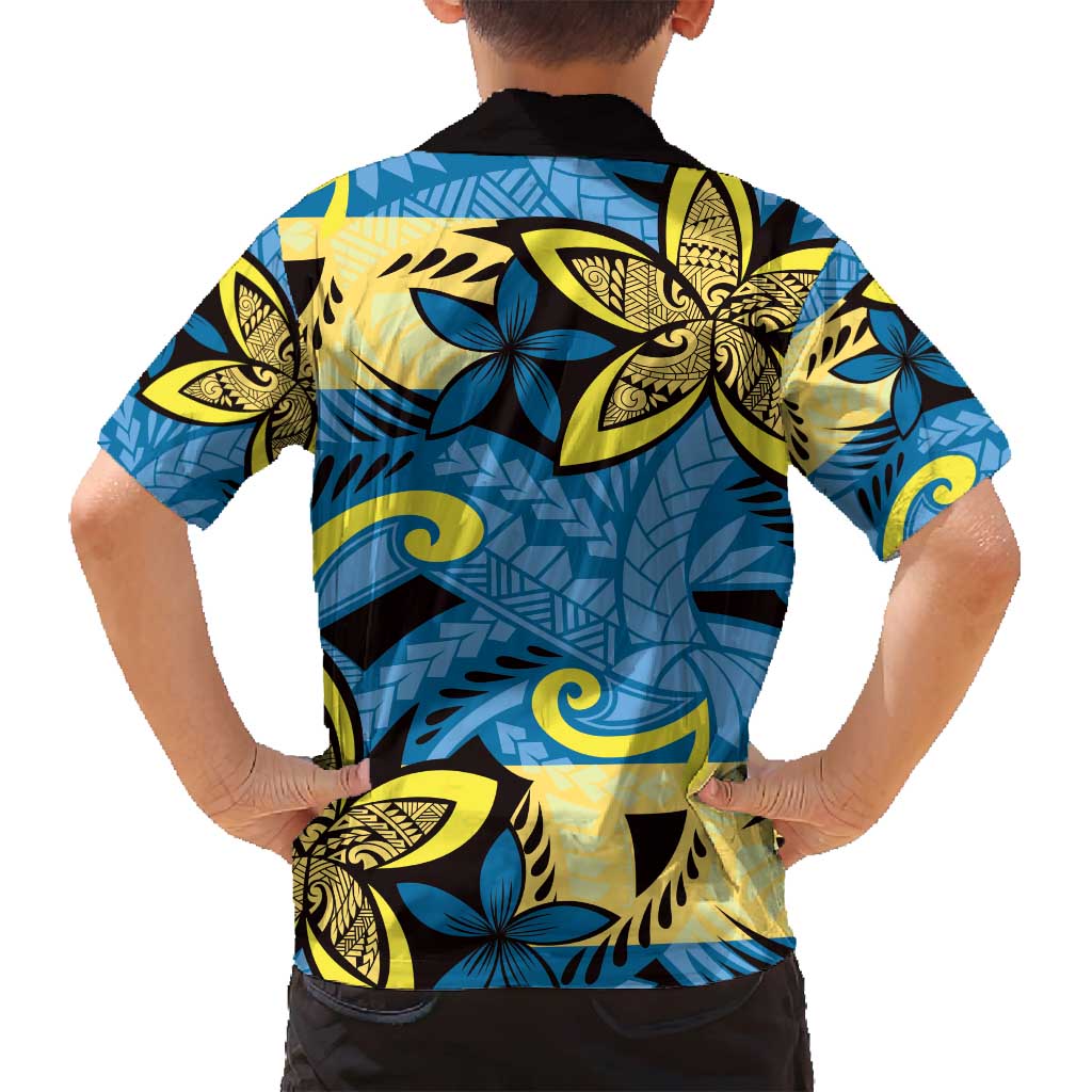Plumeria Polynesian Pattern Family Matching Puletasi and Hawaiian Shirt Unique Fantasy Blue Yellow