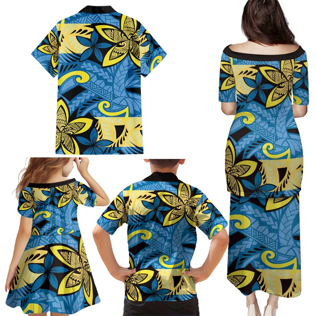 Plumeria Polynesian Pattern Family Matching Puletasi and Hawaiian Shirt Unique Fantasy Blue Yellow