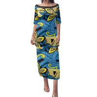 Plumeria Polynesian Pattern Family Matching Puletasi and Hawaiian Shirt Unique Fantasy Blue Yellow