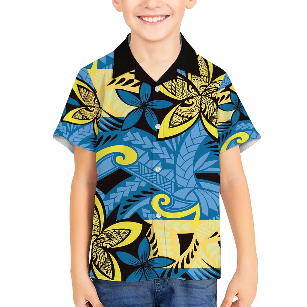 Plumeria Polynesian Pattern Family Matching Short Sleeve Bodycon Dress and Hawaiian Shirt Unique Fantasy Blue Yellow LT01 Son's Shirt Blue - Polynesian Pride