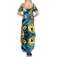 Plumeria Polynesian Pattern Family Matching Summer Maxi Dress and Hawaiian Shirt Unique Fantasy Blue Yellow