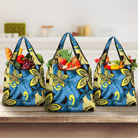 Plumeria Polynesian Pattern Grocery Bag Unique Fantasy Blue Yellow