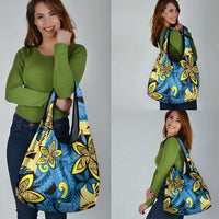 Plumeria Polynesian Pattern Grocery Bag Unique Fantasy Blue Yellow