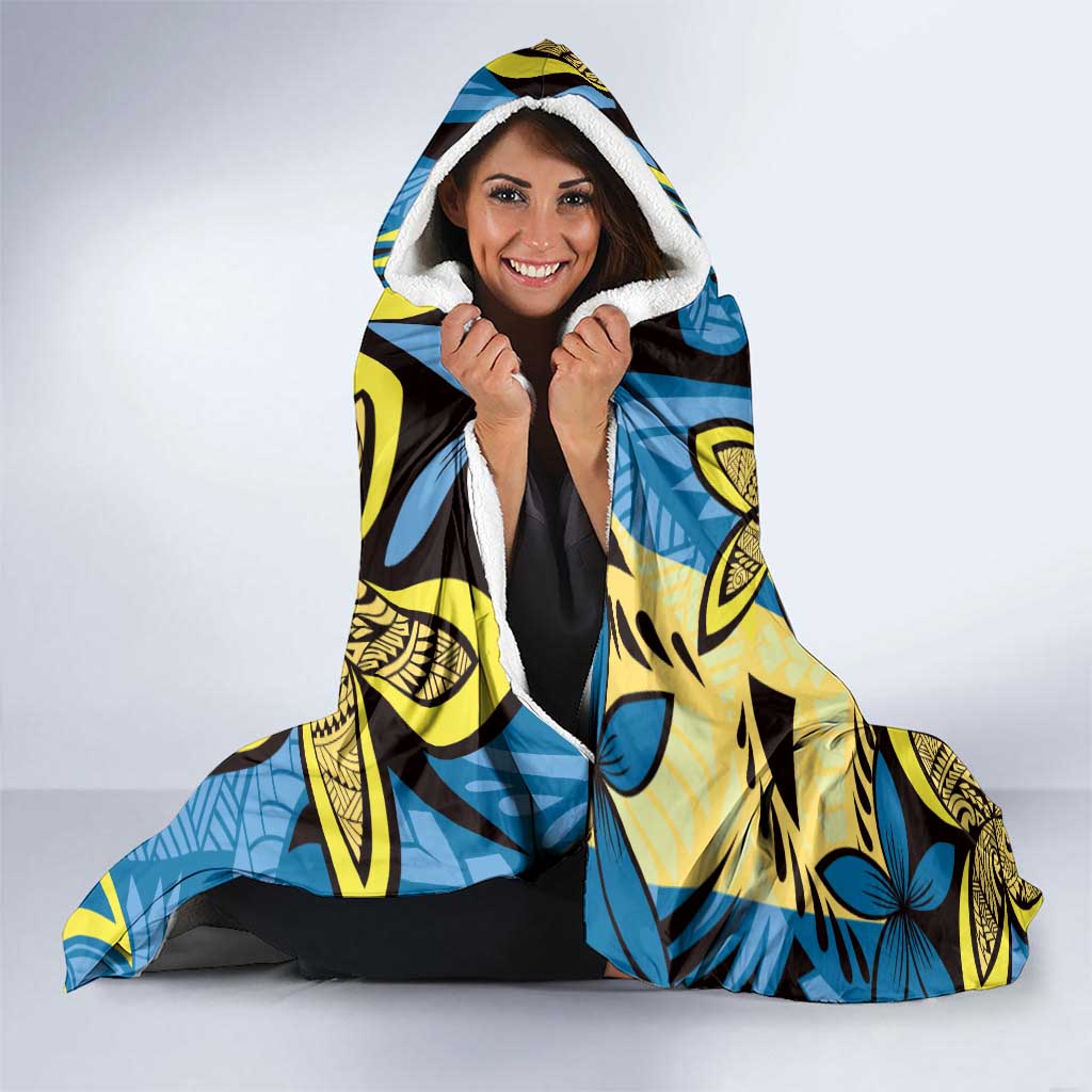 Plumeria Polynesian Pattern Hooded Blanket Unique Fantasy Blue Yellow