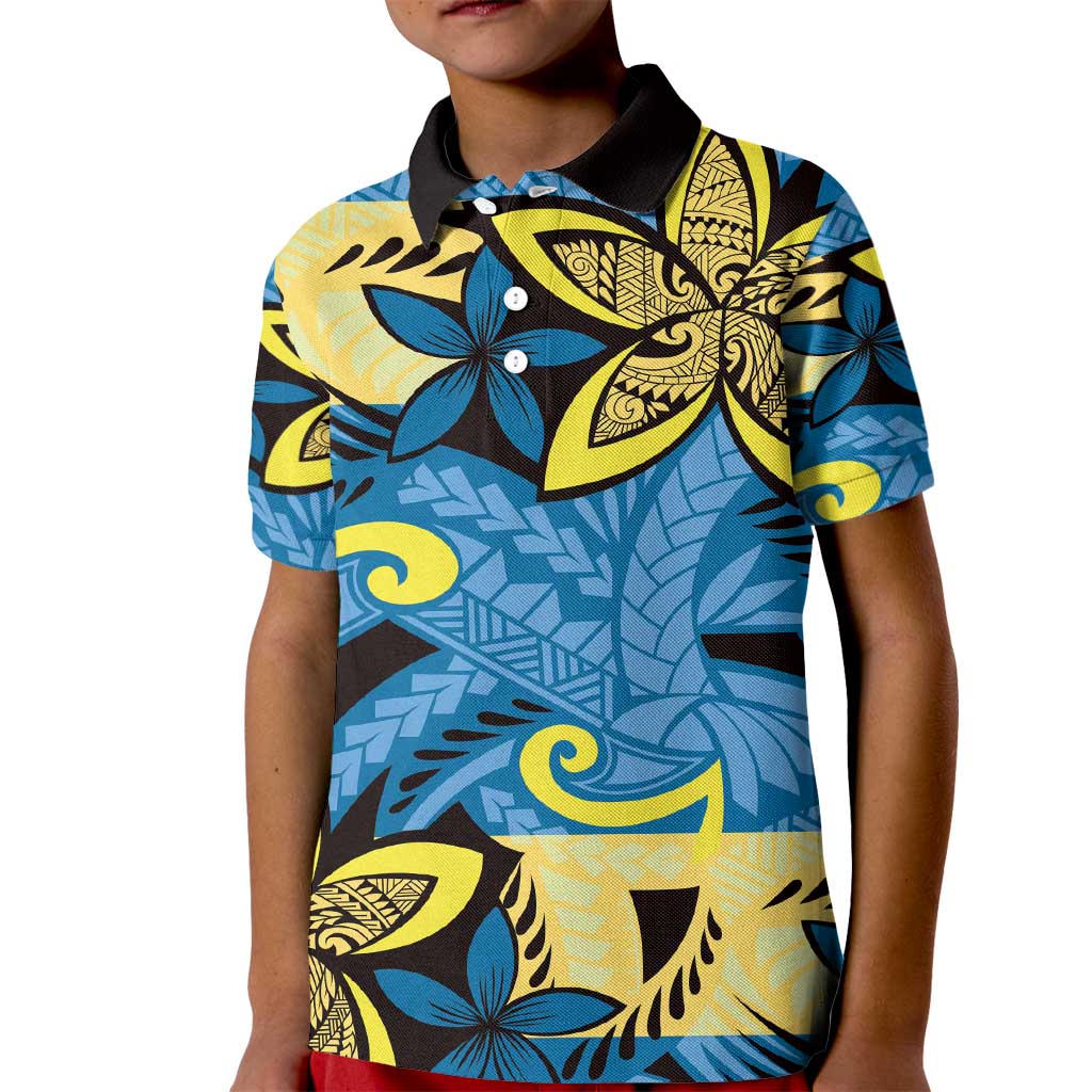 Plumeria Polynesian Pattern Kid Polo Shirt Unique Fantasy Blue Yellow LT01 Kid Blue - Polynesian Pride