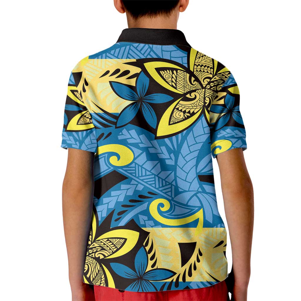 Plumeria Polynesian Pattern Kid Polo Shirt Unique Fantasy Blue Yellow