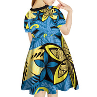 Plumeria Polynesian Pattern Kid Short Sleeve Dress Unique Fantasy Blue Yellow