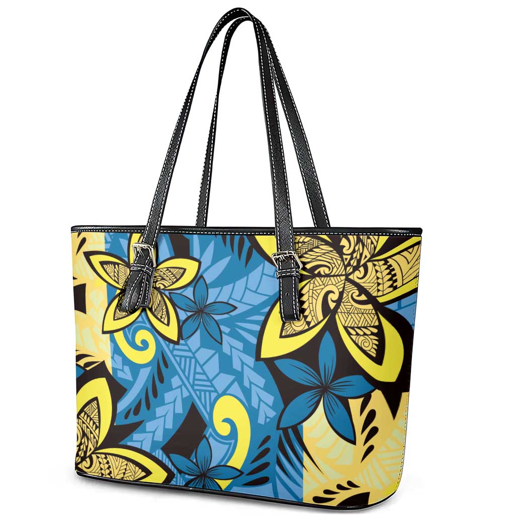 Plumeria Polynesian Pattern Leather Tote Bag Unique Fantasy Blue Yellow