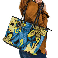 Plumeria Polynesian Pattern Leather Tote Bag Unique Fantasy Blue Yellow