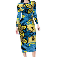 Plumeria Polynesian Pattern Long Sleeve Bodycon Dress Unique Fantasy Blue Yellow