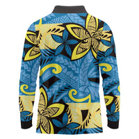Plumeria Polynesian Pattern Long Sleeve Polo Shirt Unique Fantasy Blue Yellow