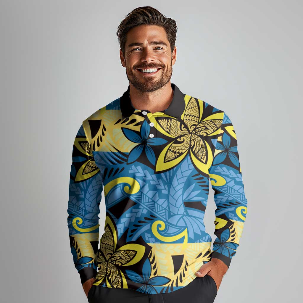 Plumeria Polynesian Pattern Long Sleeve Polo Shirt Unique Fantasy Blue Yellow