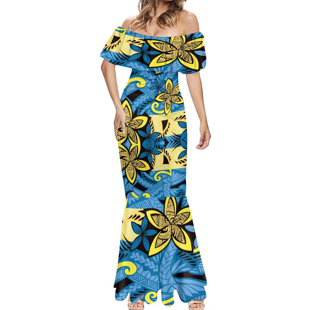 Plumeria Polynesian Pattern Mermaid Dress Unique Fantasy Blue Yellow