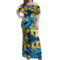 Plumeria Polynesian Pattern Off Shoulder Maxi Dress Unique Fantasy Blue Yellow