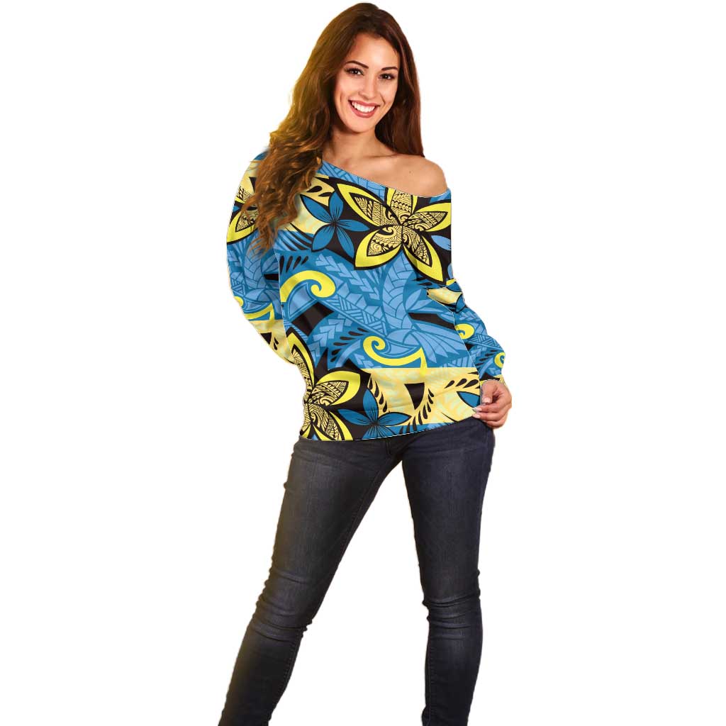 Plumeria Polynesian Pattern Off Shoulder Sweater Unique Fantasy Blue Yellow