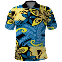 Plumeria Polynesian Pattern Polo Shirt Unique Fantasy Blue Yellow