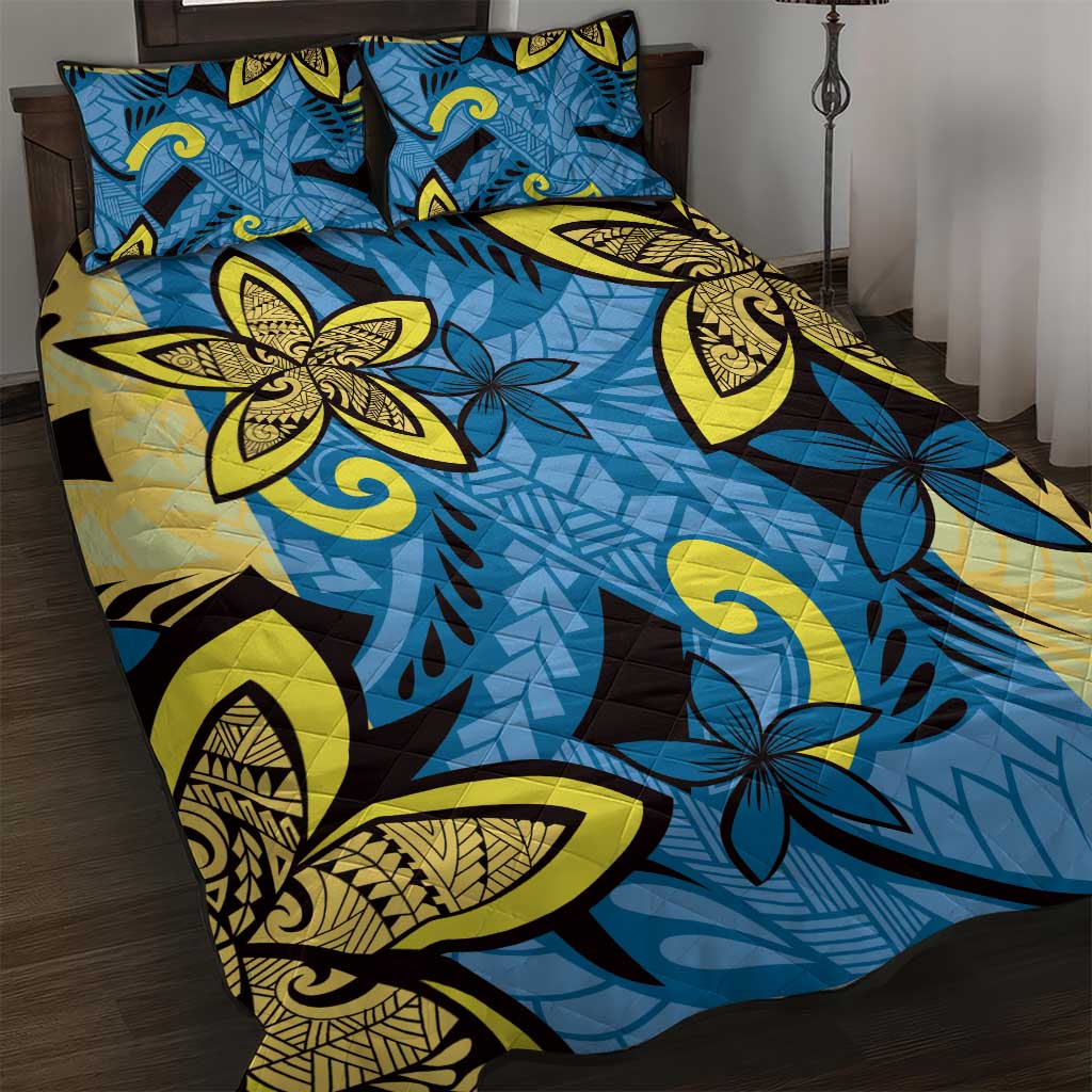 Plumeria Polynesian Pattern Quilt Bed Set Unique Fantasy Blue Yellow