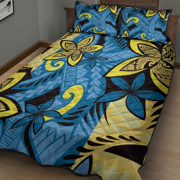 Plumeria Polynesian Pattern Quilt Bed Set Unique Fantasy Blue Yellow LT01