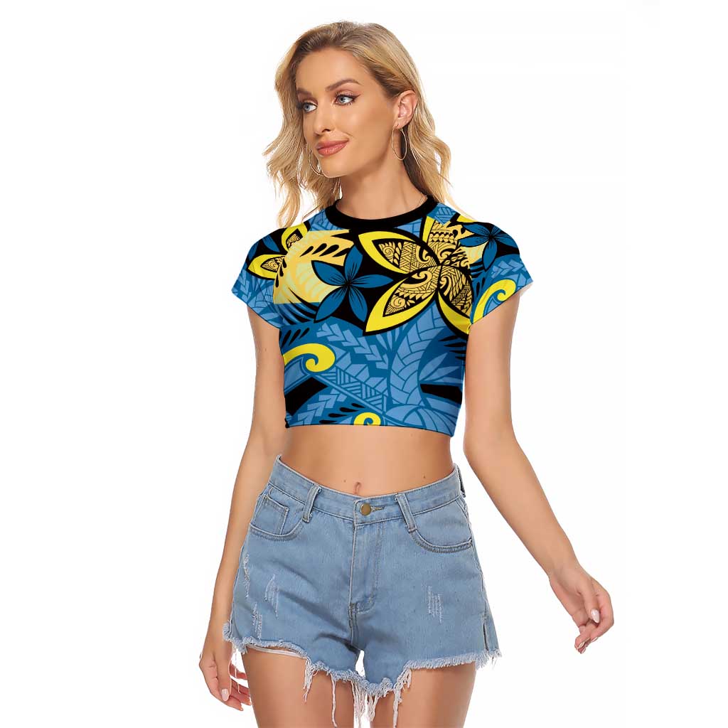 Plumeria Polynesian Pattern Raglan Cropped T Shirt Unique Fantasy Blue Yellow