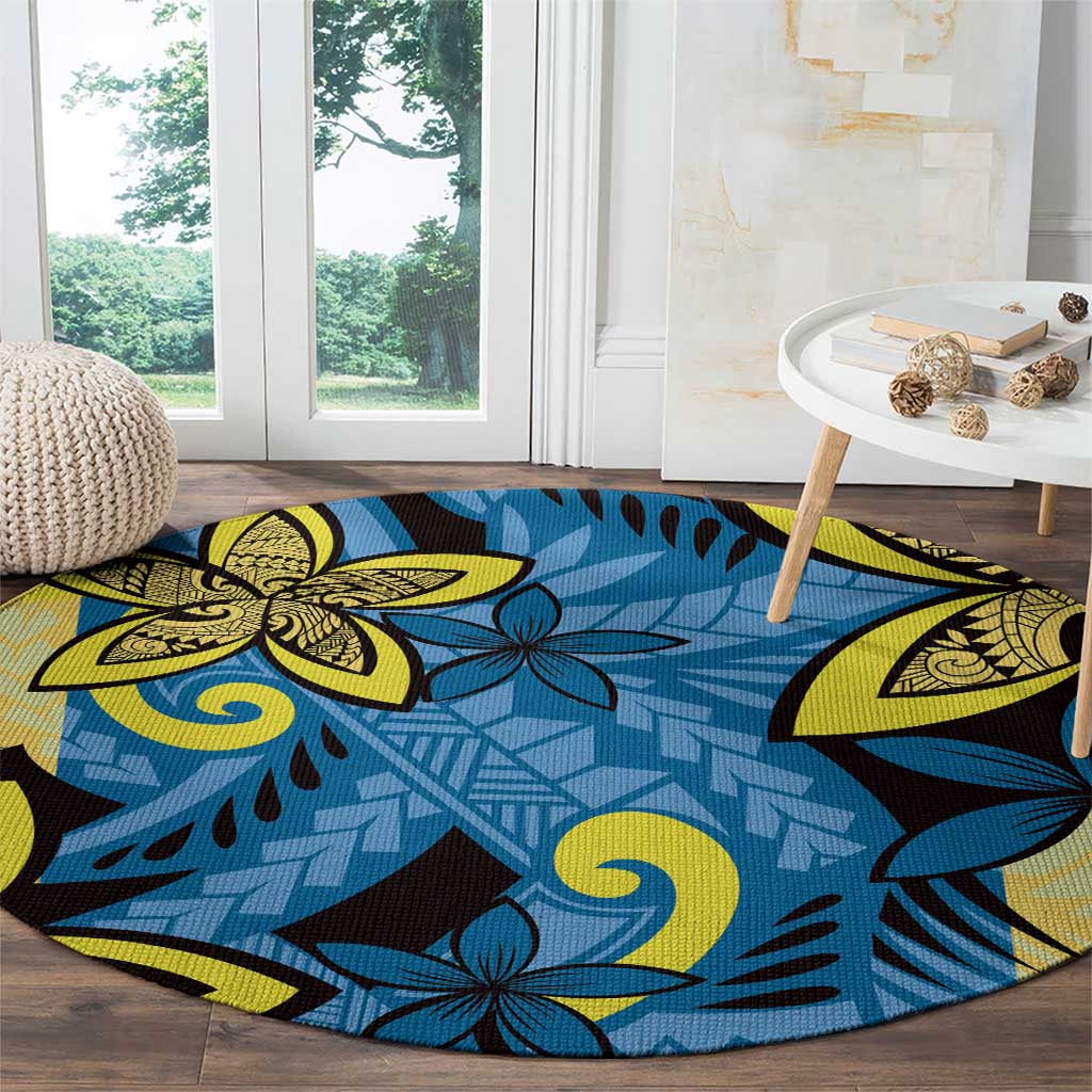 Plumeria Polynesian Pattern Round Carpet Unique Fantasy Blue Yellow