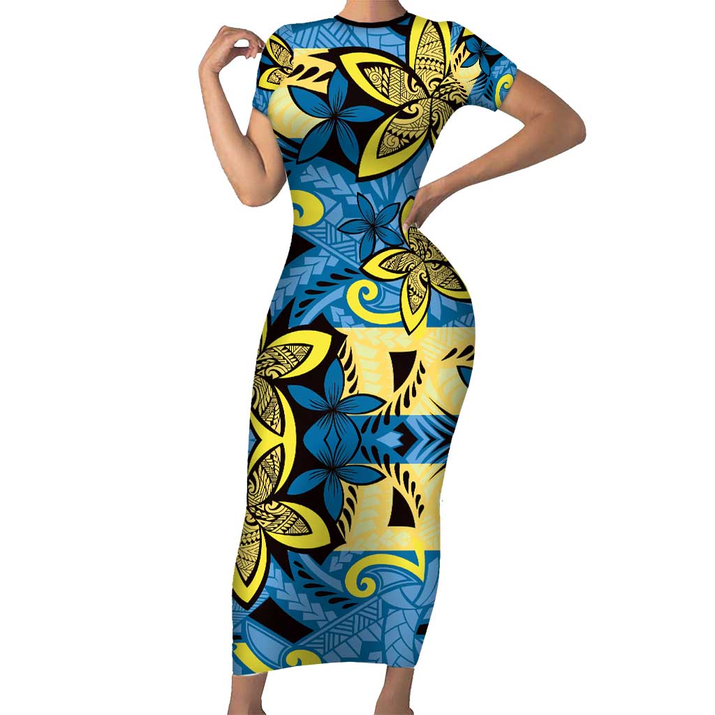 Plumeria Polynesian Pattern Short Sleeve Bodycon Dress Unique Fantasy Blue Yellow