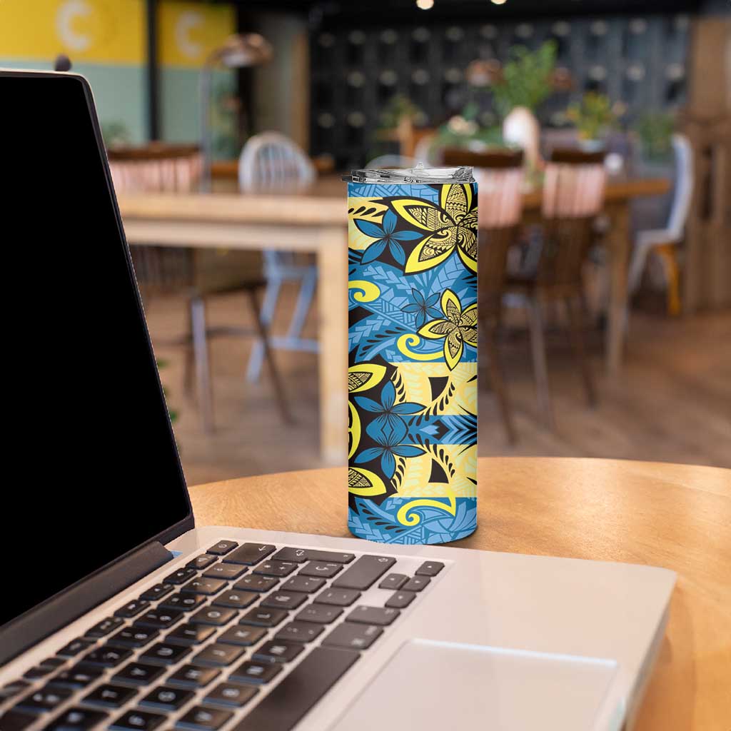 Plumeria Polynesian Pattern Skinny Tumbler Unique Fantasy Blue Yellow LT01 - Polynesian Pride