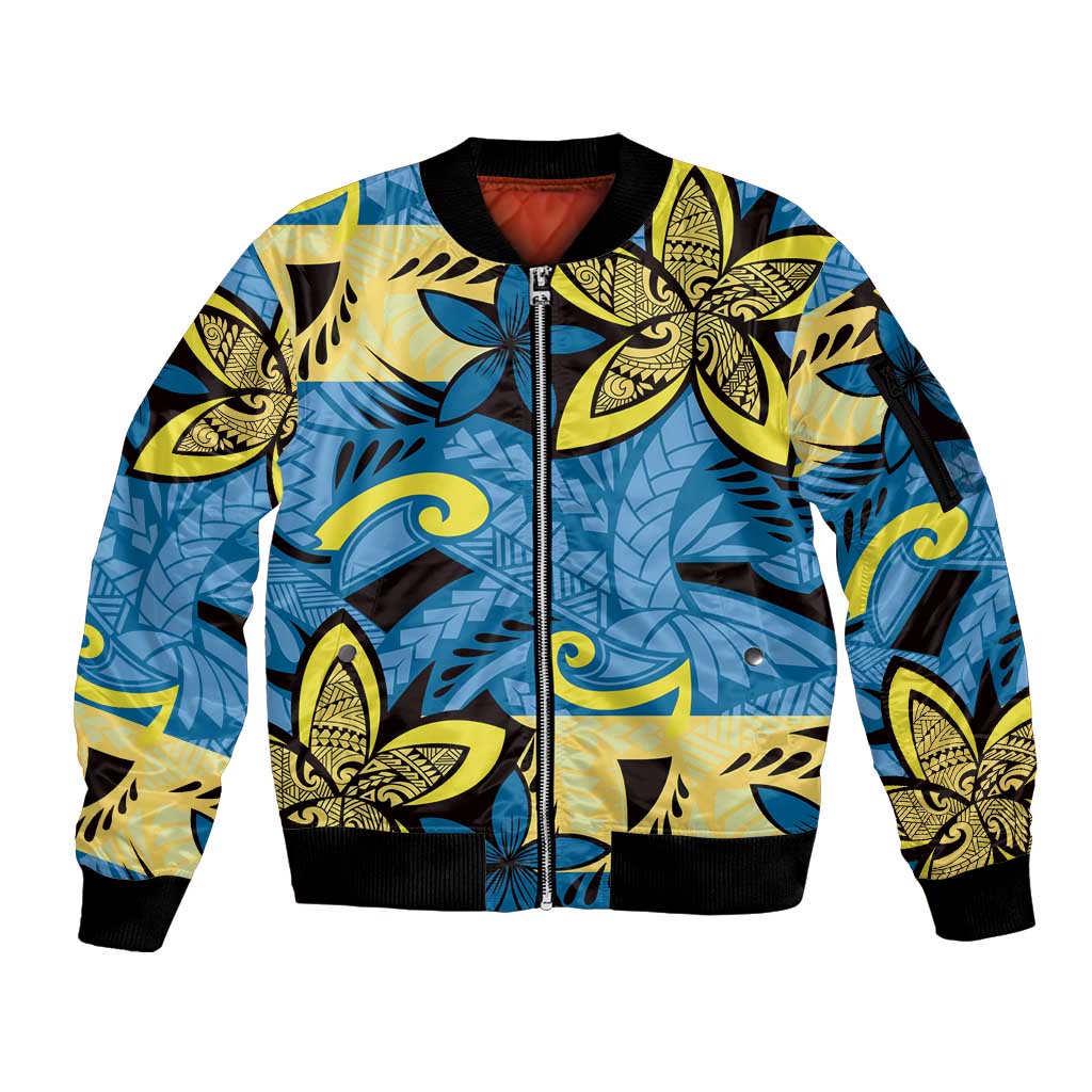 Plumeria Polynesian Pattern Sleeve Zip Bomber Jacket Unique Fantasy Blue Yellow LT01 Unisex Blue - Polynesian Pride