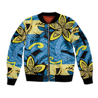 Plumeria Polynesian Pattern Sleeve Zip Bomber Jacket Unique Fantasy Blue Yellow LT01 Unisex Blue - Polynesian Pride