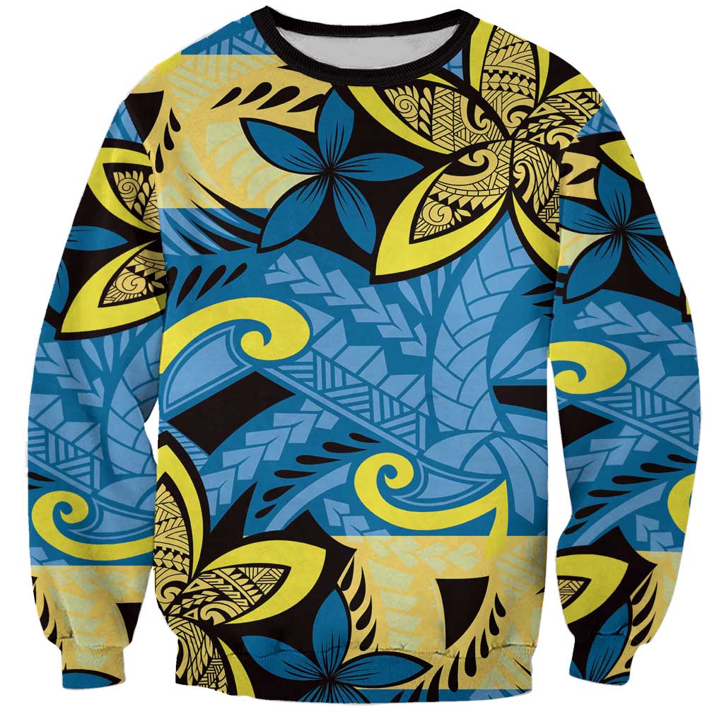 Plumeria Polynesian Pattern Sweatshirt Unique Fantasy Blue Yellow