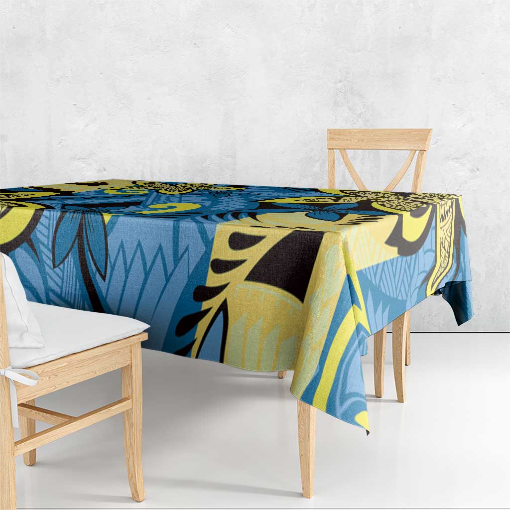 Plumeria Polynesian Pattern Tablecloth Unique Fantasy Blue Yellow