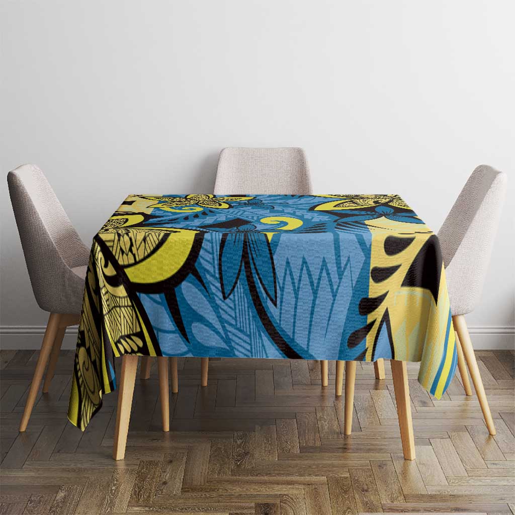 Plumeria Polynesian Pattern Tablecloth Unique Fantasy Blue Yellow