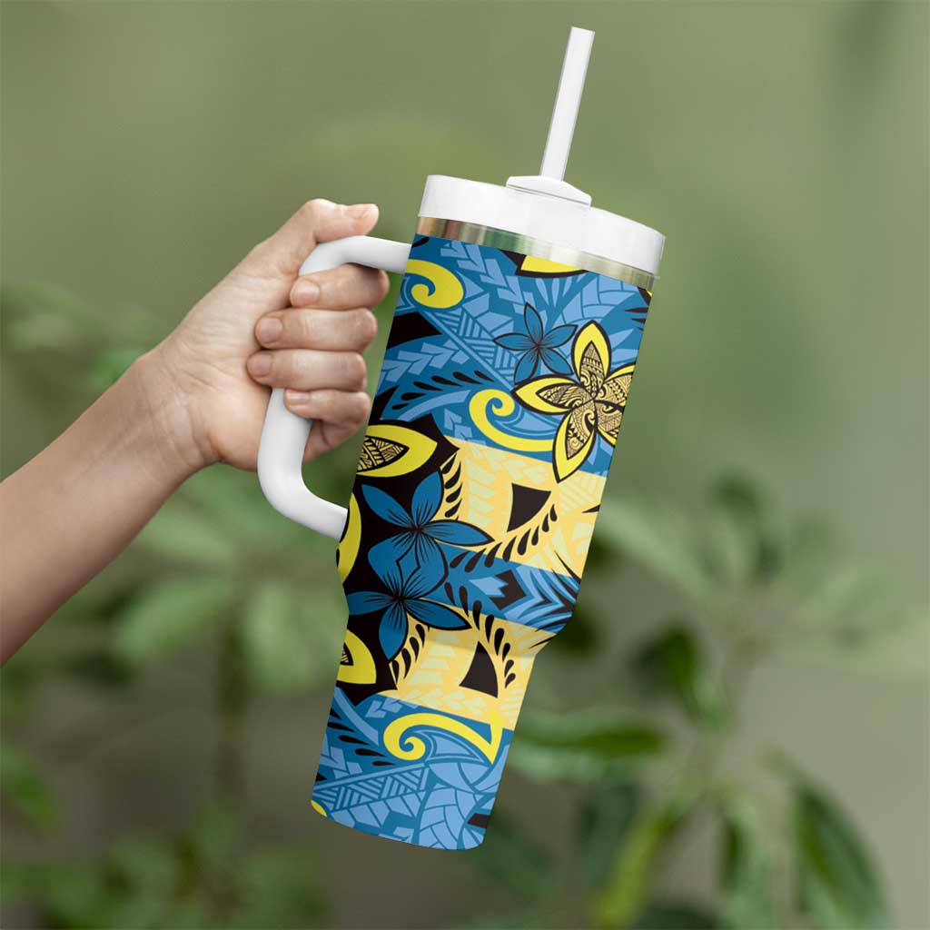 Plumeria Polynesian Pattern Tumbler With Handle Unique Fantasy Blue Yellow