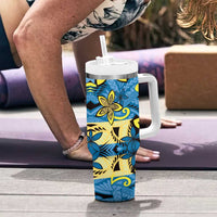 Plumeria Polynesian Pattern Tumbler With Handle Unique Fantasy Blue Yellow