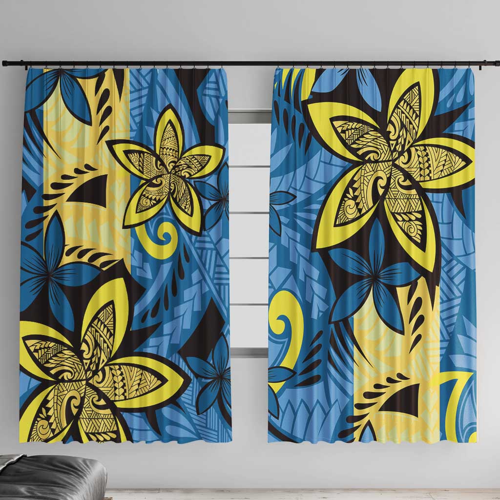 Plumeria Polynesian Pattern Window Curtain Unique Fantasy Blue Yellow LT01 With Hooks Blue - Polynesian Pride